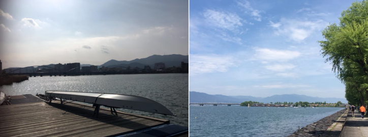 <font size='2' color='blue'>対岸「琵琶湖漕艇場」の景色。時間帯や、空に浮かぶ雲の面積で、湖の色がこんなにも変わります。</font>