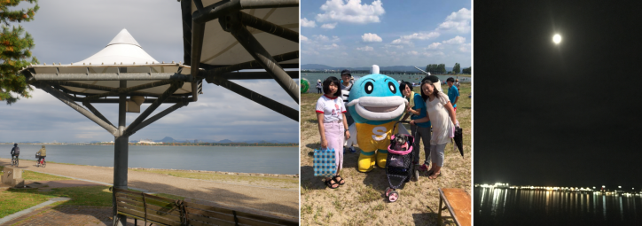 <font size='2' color=blue>Left:The bench I usually sit on. Best spot to chill! 
Center:Family photo at Lake sport promotion event in 2018
Right:Beautiful surface of the lake at night with a full moon</font>
