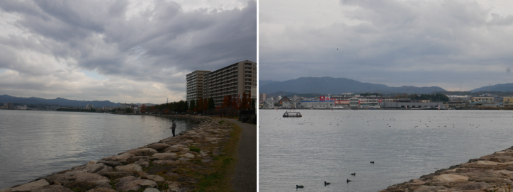 <font size='2' color=blue>The distance to the opposite bank is getting shorter, “Setagawa” is nearly there. 
On the opposite bank, there is “Lake Biwa rowing course”, the base of lake sports! </font>