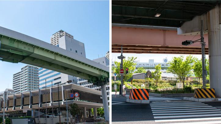 <font color='blue' size='2'>Go south along the “Port Liner” elevated railway (left), go under the overpass of Hanshin highway (right), and “Minato no Mori Park” is there.</font>