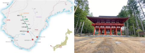 <font color='blue' size='2'>（左）高野山から熊野本宮大社までの道のり（緑の線）（右）雨が上り、静けさとお香の香りが漂う高野山</font>